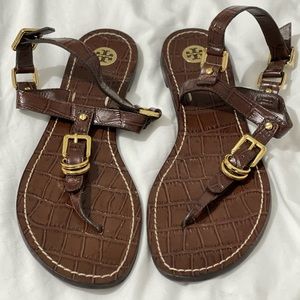 Tory Burch Croc Embossed Leather Trent Flat Thong Sandals